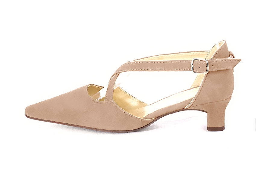Women's biscuit beige open side dress shoes, with crossed straps. Tapered toe. Low kitten heels - Profile view
